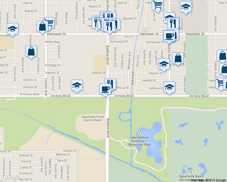 map of restaurants, bars, coffee shops, grocery stores, and more near 16815 Victory Boulevard in Los Angeles