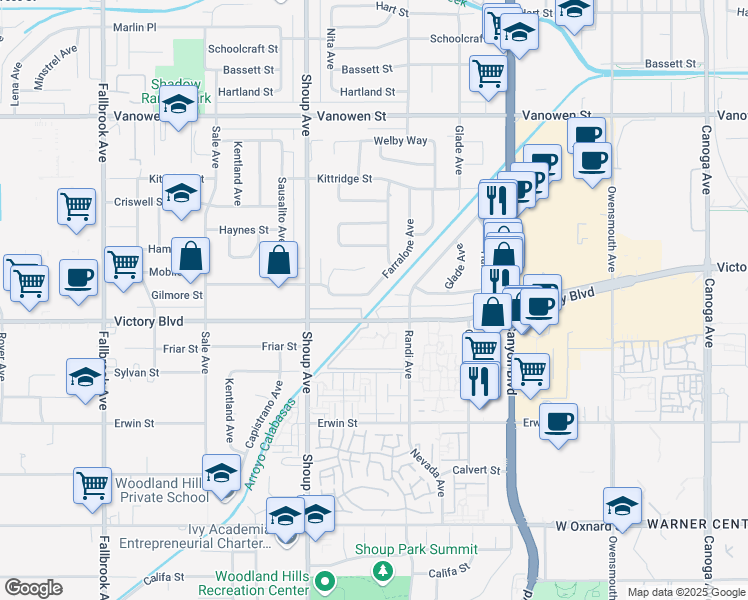 map of restaurants, bars, coffee shops, grocery stores, and more near 22301 Victory Boulevard in Los Angeles