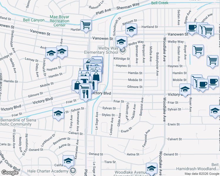 map of restaurants, bars, coffee shops, grocery stores, and more near 23504 Victory Boulevard in Los Angeles