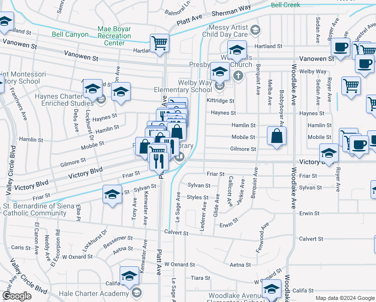 map of restaurants, bars, coffee shops, grocery stores, and more near 23600 Victory Boulevard in Los Angeles