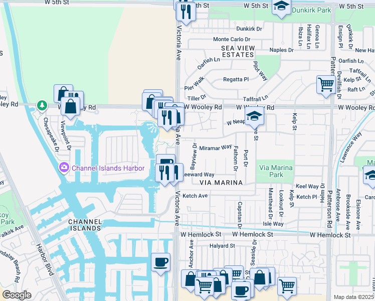 map of restaurants, bars, coffee shops, grocery stores, and more near 1417 Bayview Drive in Oxnard