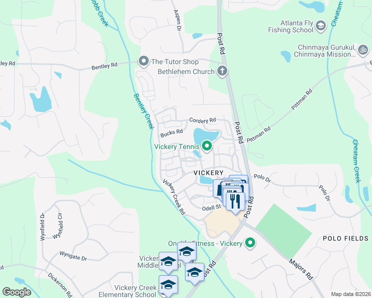 map of restaurants, bars, coffee shops, grocery stores, and more near 6710 Center Grove Street in Cumming