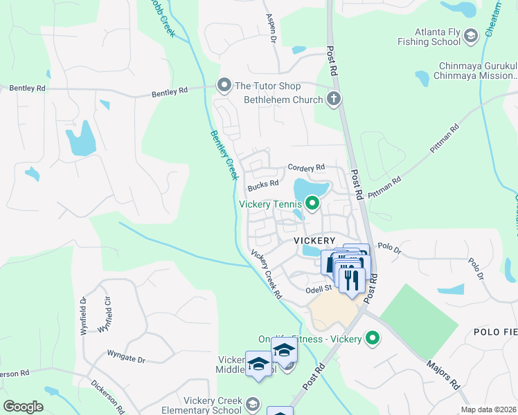 map of restaurants, bars, coffee shops, grocery stores, and more near 6730 Lullwater Road in Cumming