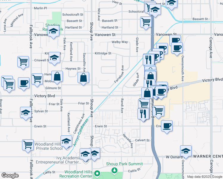 map of restaurants, bars, coffee shops, grocery stores, and more near 6432 Farralone Avenue in Los Angeles