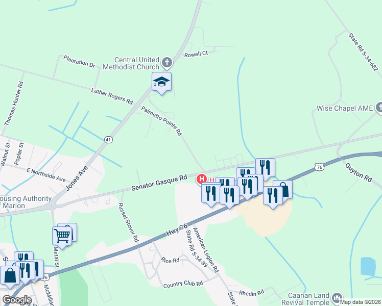 map of restaurants, bars, coffee shops, grocery stores, and more near Palmetto Pointe Road in Marion