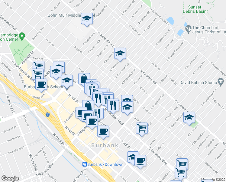 map of restaurants, bars, coffee shops, grocery stores, and more near 525 East Magnolia Boulevard in Burbank