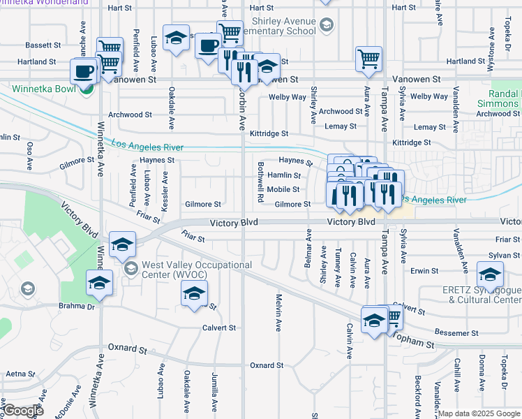 map of restaurants, bars, coffee shops, grocery stores, and more near 19644 Victory Boulevard in Los Angeles