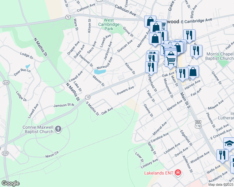 map of restaurants, bars, coffee shops, grocery stores, and more near 600 Oak Avenue in Greenwood