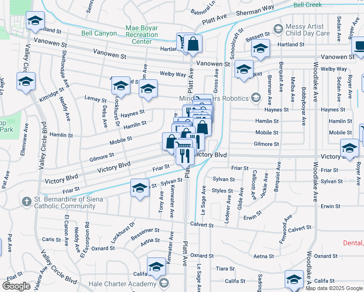 map of restaurants, bars, coffee shops, grocery stores, and more near 23800 Victory Boulevard in Los Angeles