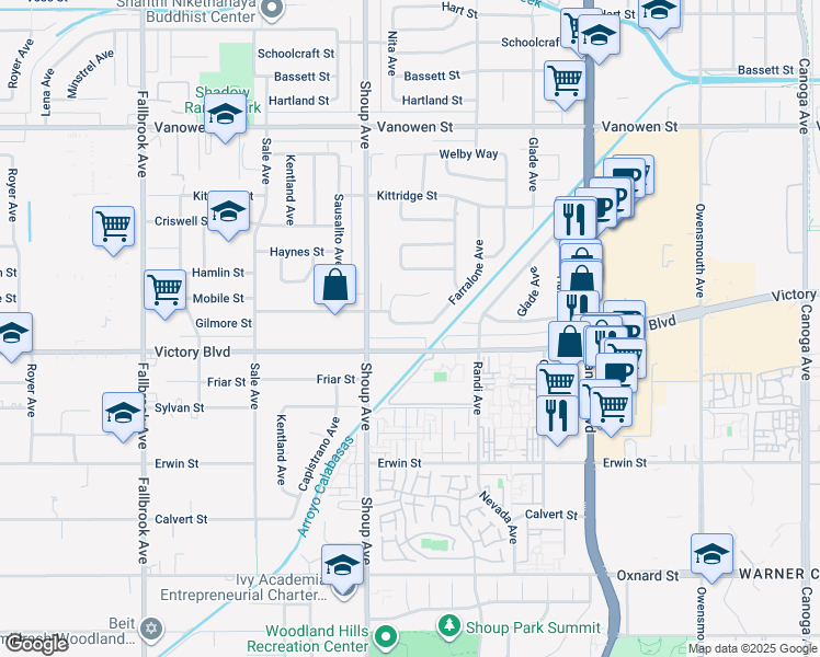 map of restaurants, bars, coffee shops, grocery stores, and more near 22326 Gilmore Street in Los Angeles
