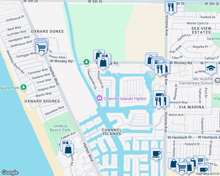 map of restaurants, bars, coffee shops, grocery stores, and more near 1413 Twin Tides Place in Oxnard