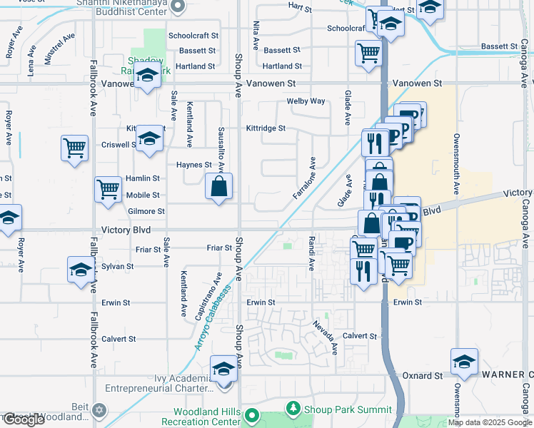 map of restaurants, bars, coffee shops, grocery stores, and more near 22326 Gilmore Street in Los Angeles