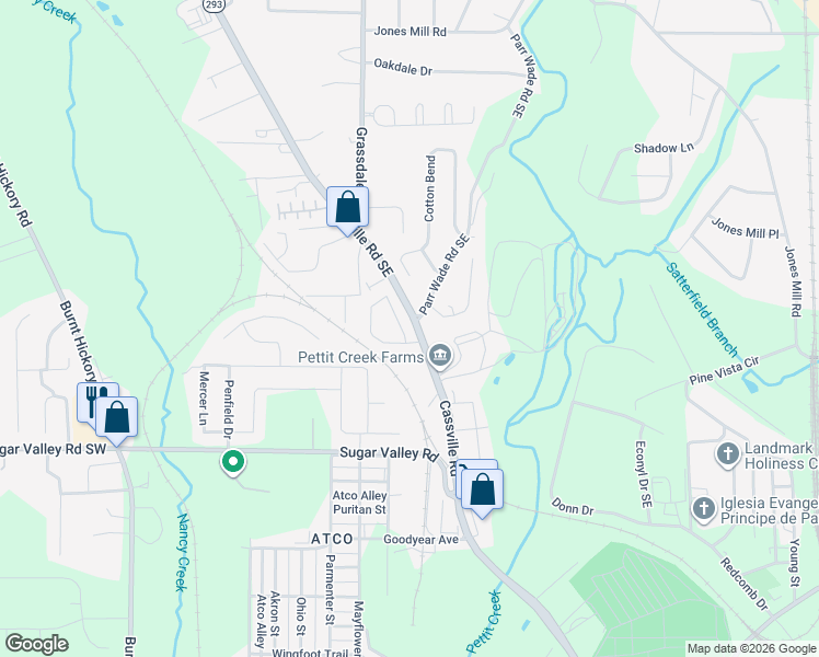 map of restaurants, bars, coffee shops, grocery stores, and more near 5 Fredda Lane in Cartersville