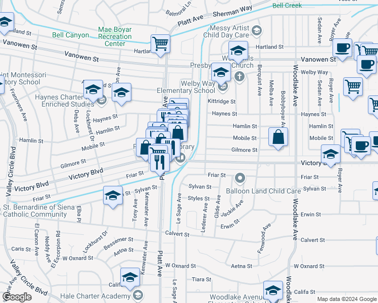 map of restaurants, bars, coffee shops, grocery stores, and more near 23541 Victory Boulevard in Los Angeles