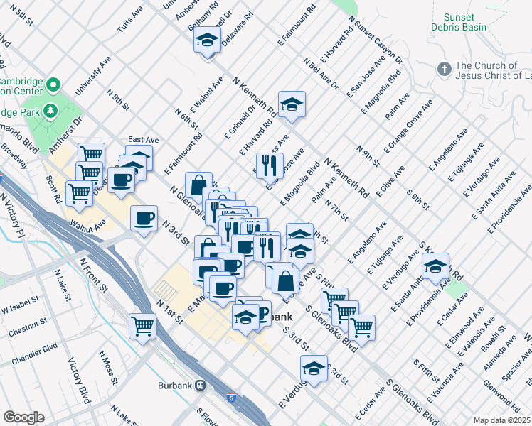 map of restaurants, bars, coffee shops, grocery stores, and more near 525 East Magnolia Boulevard in Burbank