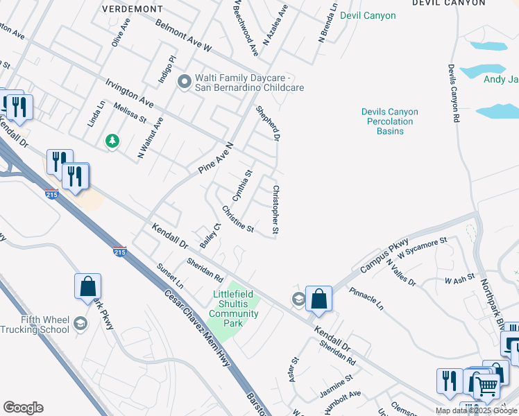 map of restaurants, bars, coffee shops, grocery stores, and more near 2435 West Deanna Drive in San Bernardino