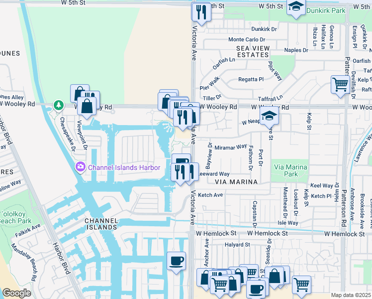 map of restaurants, bars, coffee shops, grocery stores, and more near 3816 Alee Lane in Oxnard