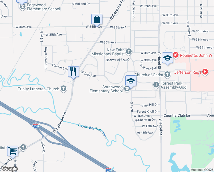 map of restaurants, bars, coffee shops, grocery stores, and more near 4005 South Holly Street in Pine Bluff