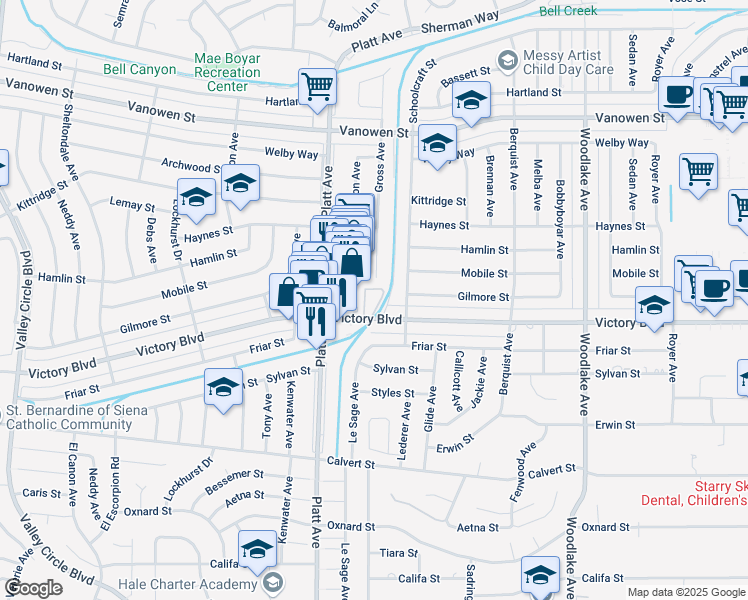 map of restaurants, bars, coffee shops, grocery stores, and more near 23549 Victory Boulevard in Los Angeles