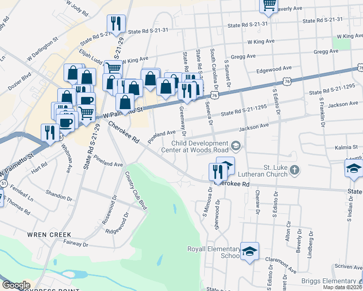 map of restaurants, bars, coffee shops, grocery stores, and more near 617 Greenway Drive in Florence