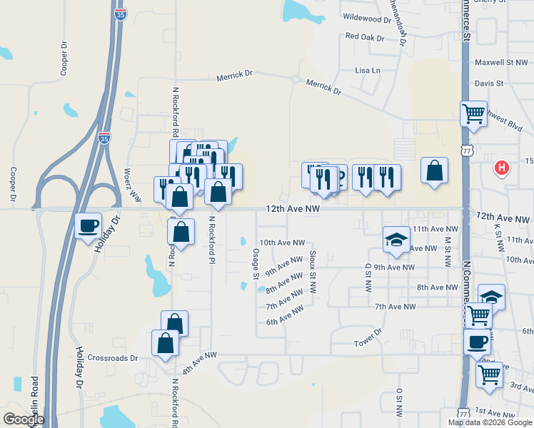 map of restaurants, bars, coffee shops, grocery stores, and more near 2026 11th Avenue Northwest in Ardmore