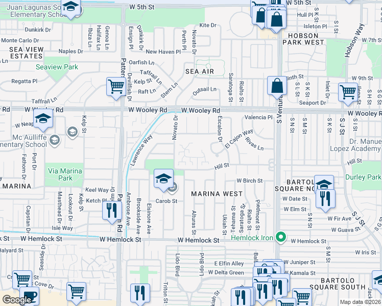 map of restaurants, bars, coffee shops, grocery stores, and more near 1315 Alturas Street in Oxnard