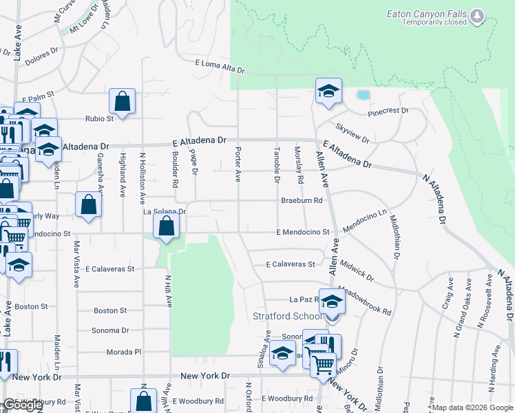 map of restaurants, bars, coffee shops, grocery stores, and more near 1678 Braeburn Road in Altadena