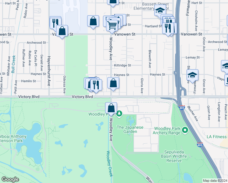 map of restaurants, bars, coffee shops, grocery stores, and more near 6416 Woodley Avenue in Los Angeles