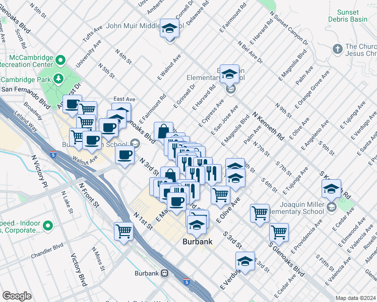 map of restaurants, bars, coffee shops, grocery stores, and more near 441 East San Jose Avenue in Burbank