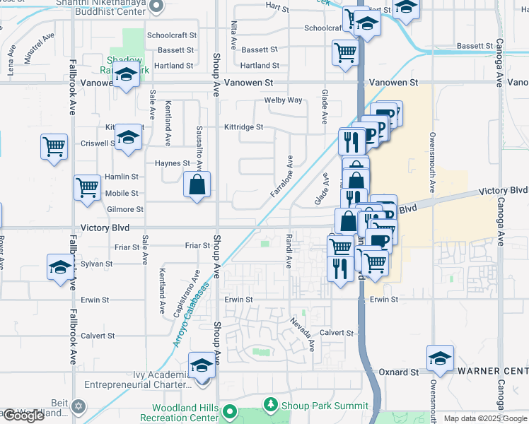 map of restaurants, bars, coffee shops, grocery stores, and more near 22301 Victory Boulevard in Los Angeles