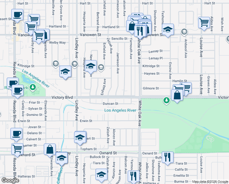 map of restaurants, bars, coffee shops, grocery stores, and more near 6413 Jamieson Avenue in Los Angeles