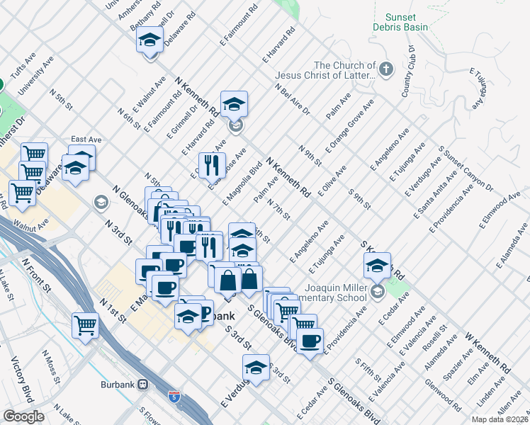 map of restaurants, bars, coffee shops, grocery stores, and more near in Burbank