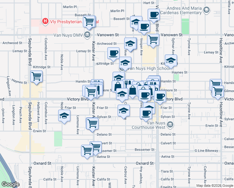 map of restaurants, bars, coffee shops, grocery stores, and more near 14805 Gilmore Street in Los Angeles