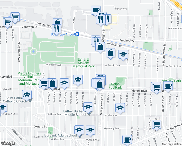 map of restaurants, bars, coffee shops, grocery stores, and more near 2116 North Screenland Drive in Burbank