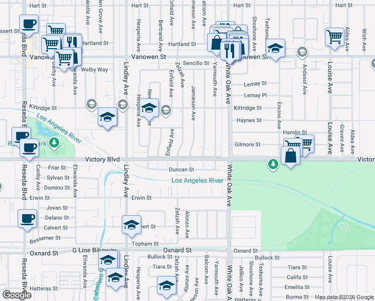 map of restaurants, bars, coffee shops, grocery stores, and more near 6413 Jamieson Avenue in Los Angeles