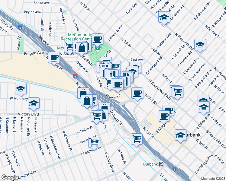 map of restaurants, bars, coffee shops, grocery stores, and more near in Burbank