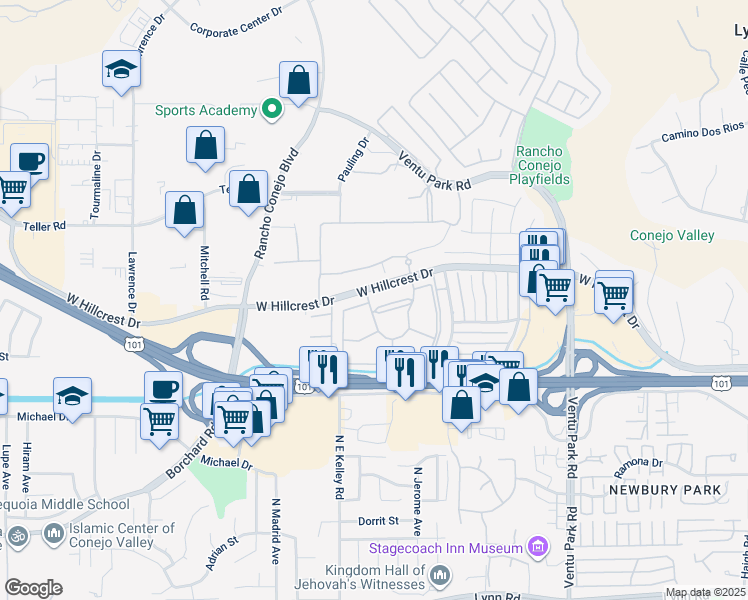 map of restaurants, bars, coffee shops, grocery stores, and more near 1800 West Hillcrest Drive in Thousand Oaks