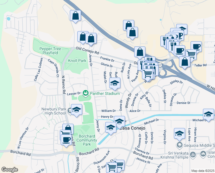 map of restaurants, bars, coffee shops, grocery stores, and more near 626 Malat Drive in Thousand Oaks