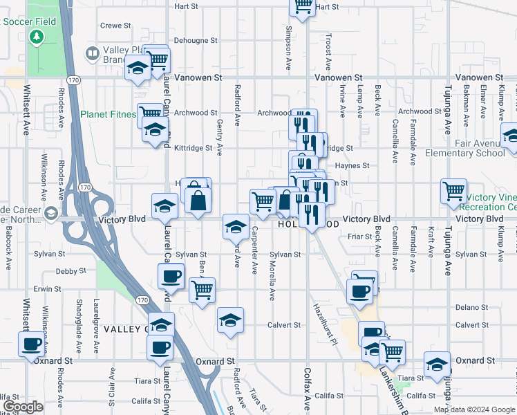 map of restaurants, bars, coffee shops, grocery stores, and more near 11834 Gilmore Street in Los Angeles