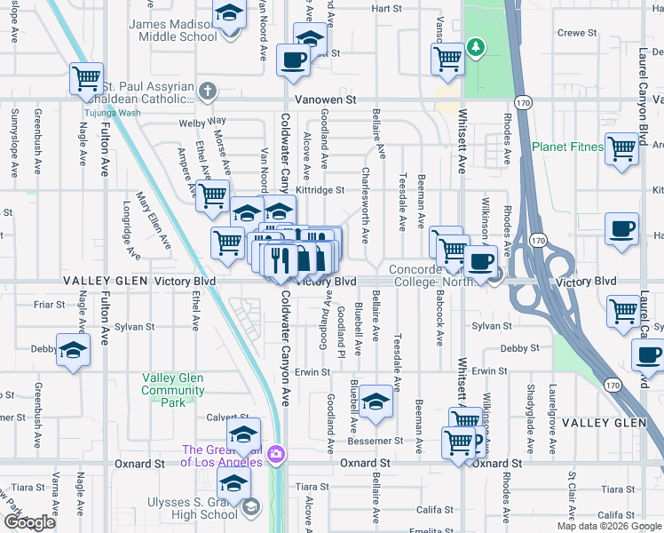 map of restaurants, bars, coffee shops, grocery stores, and more near 6410 Goodland Avenue in Los Angeles
