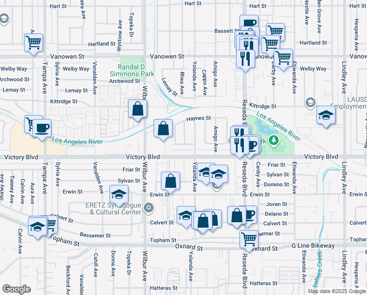 map of restaurants, bars, coffee shops, grocery stores, and more near 18726 Gilmore Street in Los Angeles