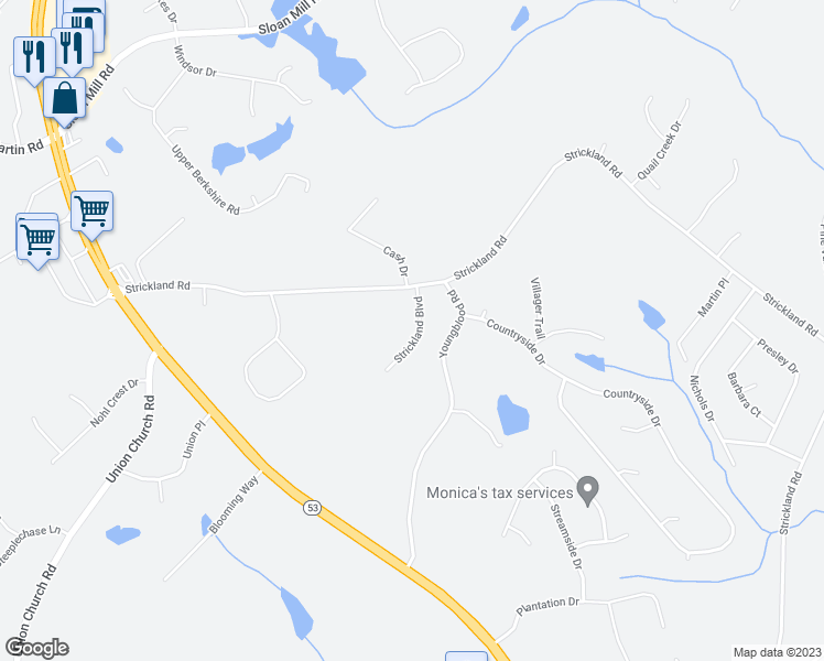 map of restaurants, bars, coffee shops, grocery stores, and more near 4524 Strickland Boulevard in Flowery Branch