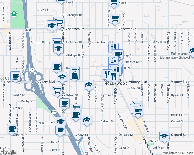 map of restaurants, bars, coffee shops, grocery stores, and more near 11834 Gilmore Street in Los Angeles