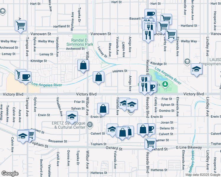 map of restaurants, bars, coffee shops, grocery stores, and more near 18726 Gilmore Street in Los Angeles