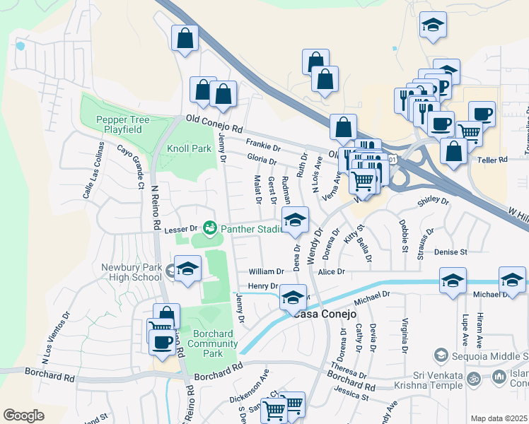 map of restaurants, bars, coffee shops, grocery stores, and more near 626 Malat Drive in Thousand Oaks
