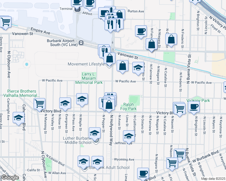 map of restaurants, bars, coffee shops, grocery stores, and more near in Burbank