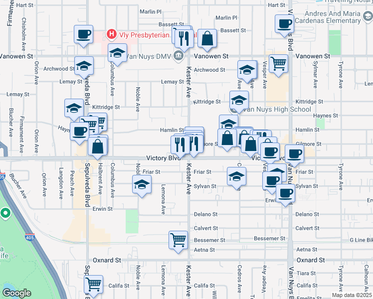 map of restaurants, bars, coffee shops, grocery stores, and more near 14902 Gilmore Street in Los Angeles