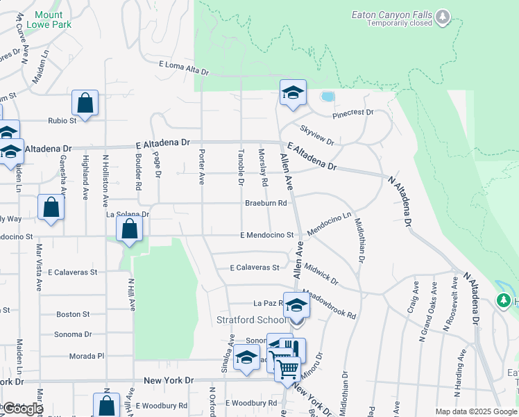 map of restaurants, bars, coffee shops, grocery stores, and more near 1790 Braeburn Road in Altadena