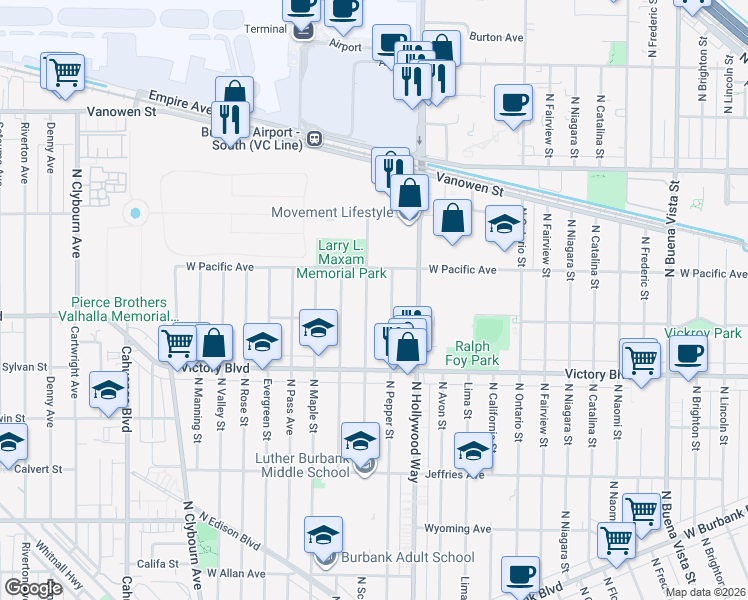 map of restaurants, bars, coffee shops, grocery stores, and more near 2116 North Screenland Drive in Burbank
