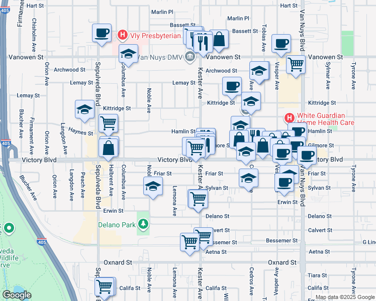 map of restaurants, bars, coffee shops, grocery stores, and more near 14926 Gilmore Street in Los Angeles